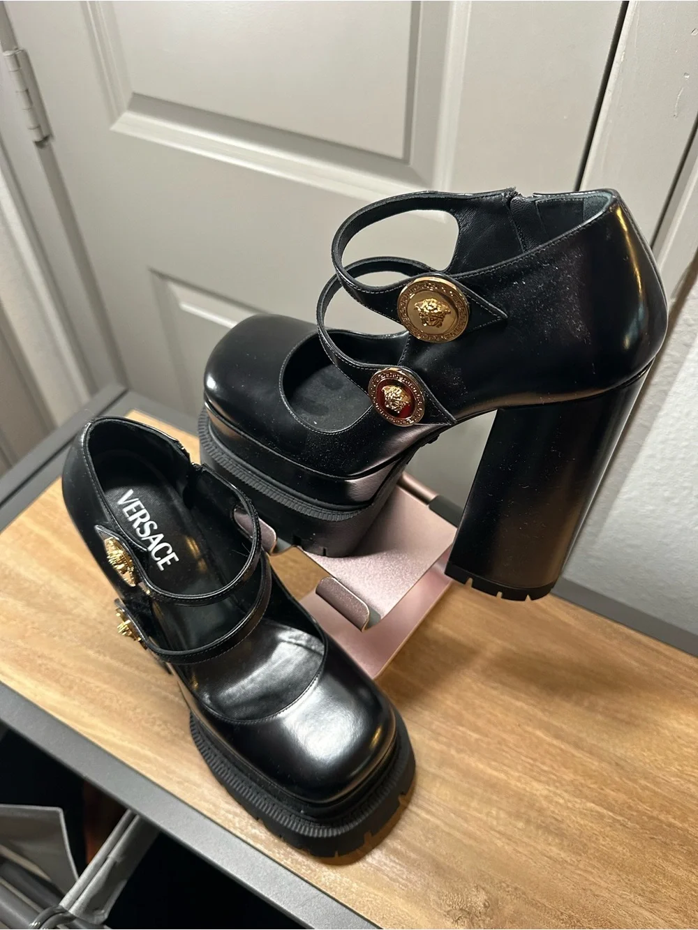 Versace Black Leather Platform Mary Jane Pumps with Gold Medusa Buttons Aevitas